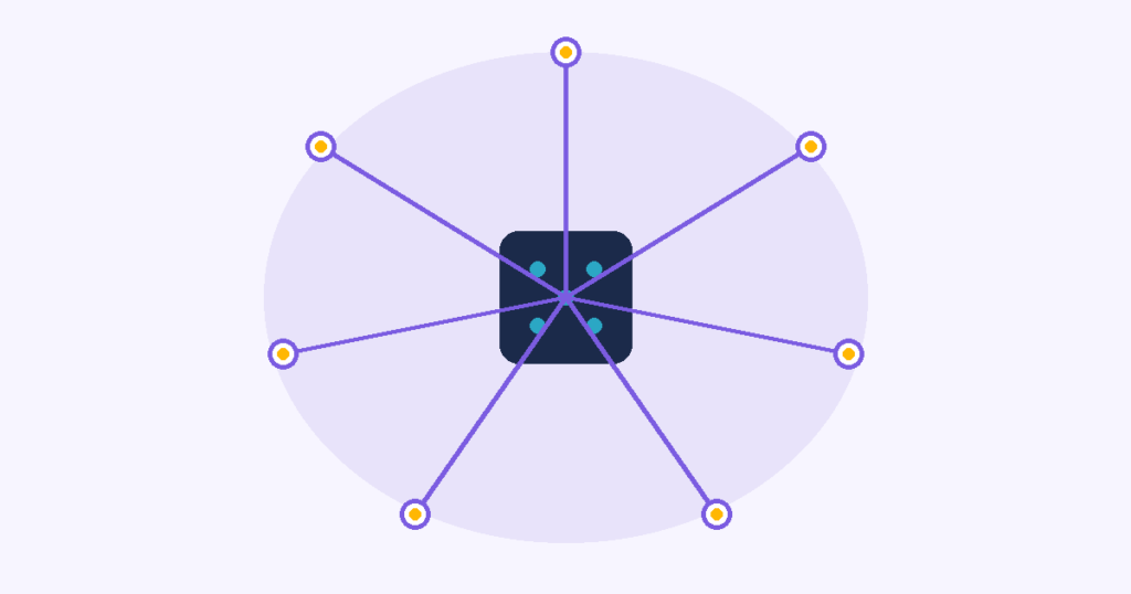 Illustration of a network chip connected to multiple nodes, representing AI and connected devices
