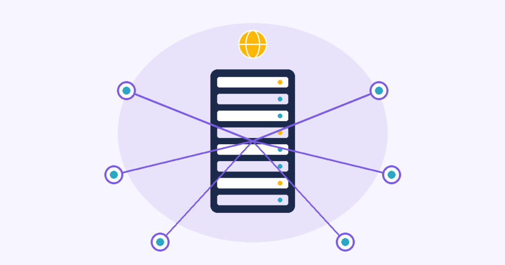 Illustration of a data center server rack connected to peering nodes around the globe